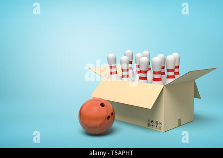 3d rendering of white bowling pins and one brown bowling ball in carton box on blue background. Stock Photo