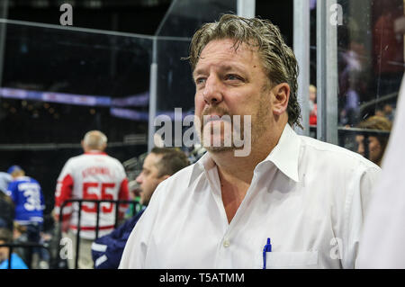 Jacksonville Icemen head coach Jason Christie during warm-ups before an ECHL professional hockey playoff game against the Florida Everblades at Veterans Memorial Arena in Jacksonville, Fla., Saturday, April 20, 2019. (Gary Lloyd McCullough/Cal Sport Media) Stock Photo