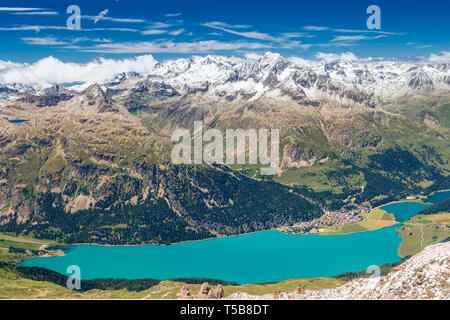 Stunning view of Silsersee, Silvaplanersee, Engadin and Maloja from Corvatsch mountain, Switzerland, Europe. Stock Photo