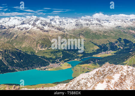 Stunning view of Silsersee, Silvaplanersee, Engadin and Maloja from Corvatsch mountain, Switzerland, Europe. Stock Photo