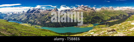 Stunning view of Silsersee, Silvaplanersee, Engadin and Maloja from Corvatsch mountain, Switzerland, Europe. Stock Photo