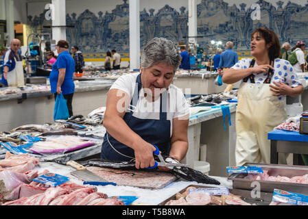 Fish alley on Mercado do Livramento indoor market in Setubal near Lisbon, Portugal Stock Photo