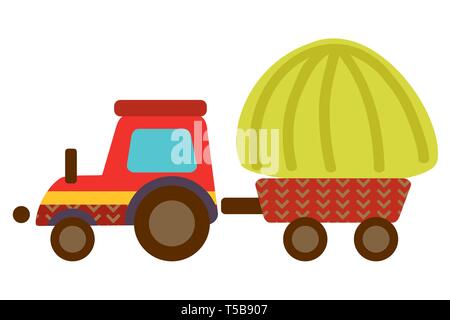 Colorful decorative outline funny red cartoon tractor with haystack standing in profile. Farm vector cartoon flat illustration in different colors iso Stock Vector