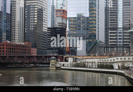 Buildings along the Chicago River at Wolf Point in the Loop, Chicago, Illinois Stock Photo