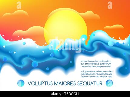 Liquid fluid futuristic landscape. Dynamic color seascape poster, colourful bright design landscape illustrations with motion minimal shapes Stock Vector