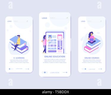 Online education concept. Isometric illustration with mobile template for app. People with book and computer for training courses, tutorials, lectures Stock Vector