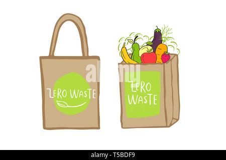 Hand drawn shopping bag with lettering Zero waste for green food, fruits, vegetables. Fabric, cotton canvas. Vector illustration of badge, tag for reu Stock Vector