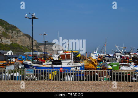 Fishing boats on the beach at Hastings, East Sussex, UK Stock Photo