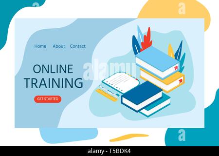 Online education concept. Isometric illustration with book and computer for training courses, tutorials, lectures, specialization, teaching, language  Stock Vector