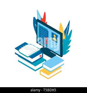 Online education concept. Isometric illustration with book and computer for training courses, tutorials, lectures, specialization, teaching, language  Stock Vector