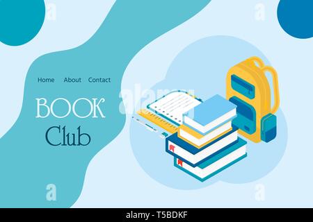 Book club inscription for invitation, promo , prints, flyer, cover and posters. Isometric book for training courses, tutorials, lectures, teaching, la Stock Vector