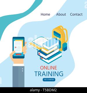 Online education concept. Isometric illustration with book and computer for training courses, tutorials, lectures, specialization, teaching, language  Stock Vector