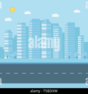 Poster with modern smart city.  Cityscape on the background. Flat vector illustration. Stock Vector
