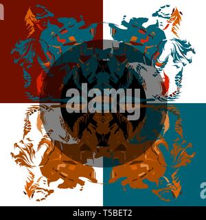 Vector ornament from the stylized figures of the woman, drawn by fancy thin lines and solid fills. Reflected elements on a chessboard. The composition Stock Vector