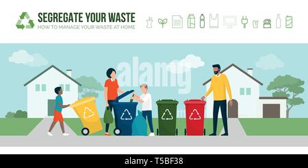People sorting waste and recycling together, they are throwing each type of trash in different garbage bins: sustainable lifestyle and environmental c Stock Vector