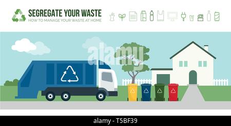 Rubbish truck collecting garbage bins in the street: separate waste collection management and recycling concept Stock Vector