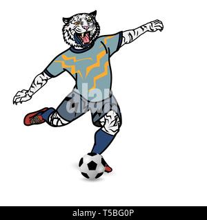 Tiger football player is kicking football on white background, animal cartoon for sport and exercise concept, vector illustration. Stock Vector