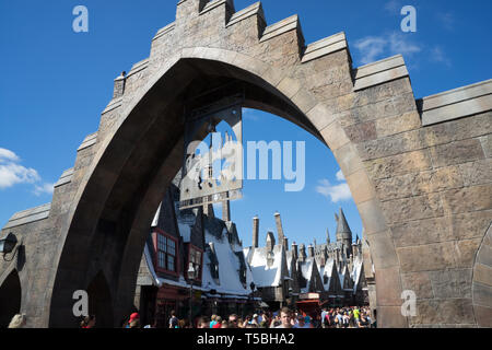 Archway entrance into Mogsmead at Harry Potter Land, Universal Studios Theme Park, Orlando, Florida Stock Photo