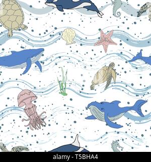 Seamless pattern maritime theme on grunge stripes background. Whales, jellyfish, sea turtle and other elements are painted by hand. Vector illustratio Stock Vector