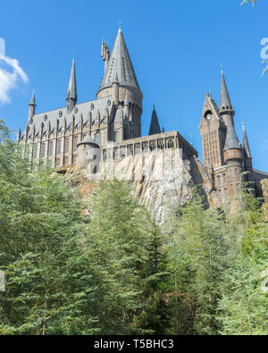 Looking up at Hogwarts Castle in Harry Potter Land, Universal Studios Theme Park, Orlando, Florida Stock Photo