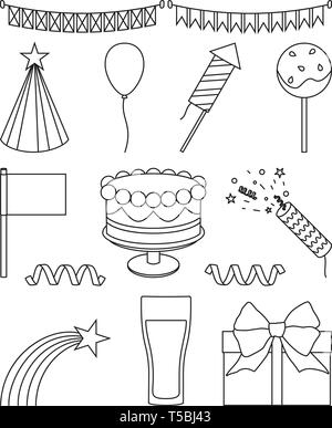 14 line art black and white party elements set Stock Vector