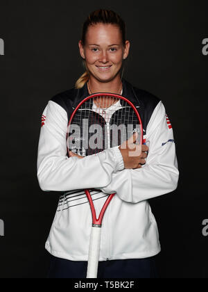 Czech tennis player Marie Bouzkova poses for the photographer prior to the Czech Republic vs Canada Fed Cup relegation contest, on April 18, 2019, in  Stock Photo