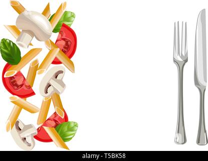 Dry penne pasta with basil, tomatoes, mushrooms, fork and knife aside Stock Vector