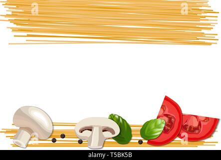 Ingredients for pasta, tomato, champignon, basil and pepper on white background. Stock Vector