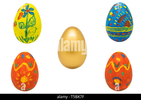 Isolate Easter eggs with color ornament ang gold egg in center