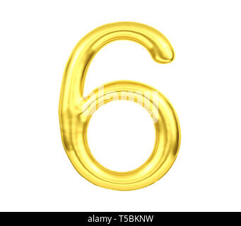 Numeral 6, Golden balloon number six isolated on white background, 3D Rendering Stock Photo