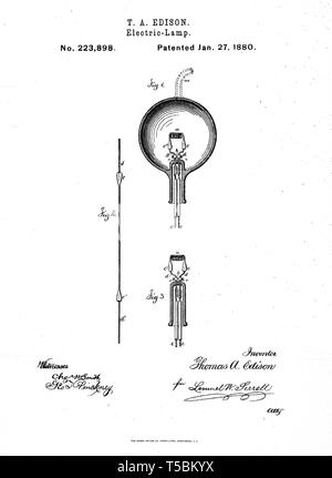 Thomas Edison, illustration of the Incandescent Light Bulb invention by Thomas Edison, 1880 Stock Photo