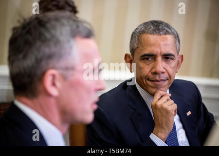 Secretary General in NATO, Mr. Jens Stoltenberg, visits the White House and the US President Barack Obama. Stock Photo