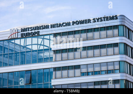 Duisburg, Ruhr area, North Rhine-Westphalia, Germany - Mitsubishi Hitachi Power Systems Europe, office building in the Duisburg inner harbour. Duisbur Stock Photo