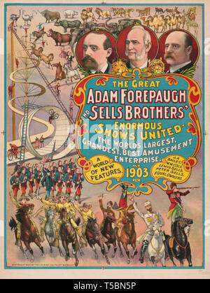 The Great Adam Forepaugh and Sells Brothers Enormous Shows United, Circus Poster, Lithograph, Courier Litho. Co., 1903 Stock Photo