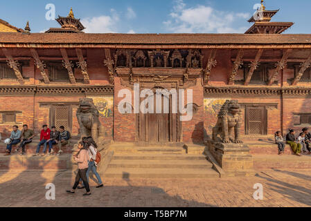 LALITPUR, PATAN, NEPAL - APRIL 3, 2019: One of the entrance of the Moo Chuka Palace of the Durbar Square of Patan Stock Photo
