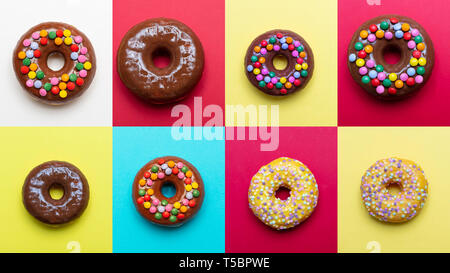 Doughnuts assortment collage. Chocolate and vanilla donuts with decoration on bright color background, top view Stock Photo
