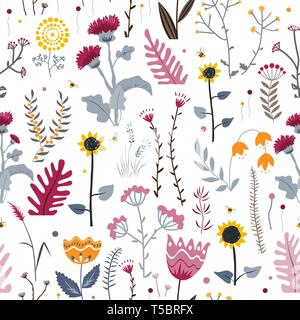 Vector nature seamless background with hand drawn wild herbs, flowers and leaves on white. Doodle style Stock Vector