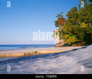 USA, Michigan, Pictured Rocks National Lakeshore, Chapel Rock overlooks creek and Lake Superior shoreline at Chapel Beach. Stock Photo