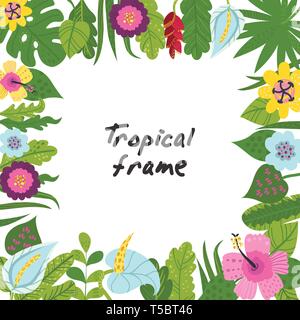 Tropical frame from flowers and leaves Stock Vector