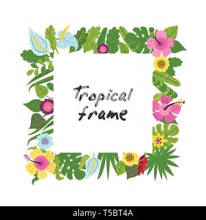 Tropical frame from flowers and leaves Stock Vector