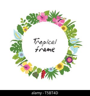 Tropical frame from flowers and leaves Stock Vector