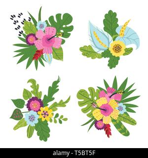 Set of tropical bouquets of flowers and leaves Stock Vector