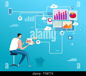 Freelance programmer working on data analysis and web development. Business concept illustration. Stock Vector