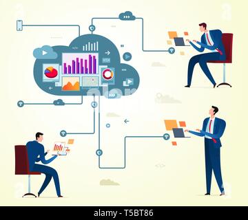 Businessman working each other on data analysis and web development. Business concept illustration. Stock Vector