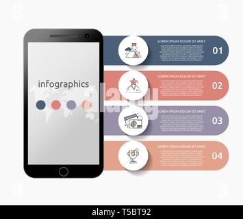 Vector concept smartphone device infographic. Mobile flat template lines. Business concept with 4 options for presentation, flowchart, steps Stock Vector