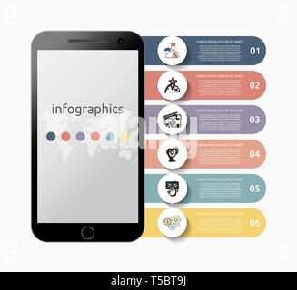 Vector concept smartphone device infographic. Mobile flat template lines. Business concept with 6 options for presentation, flowchart, steps Stock Vector