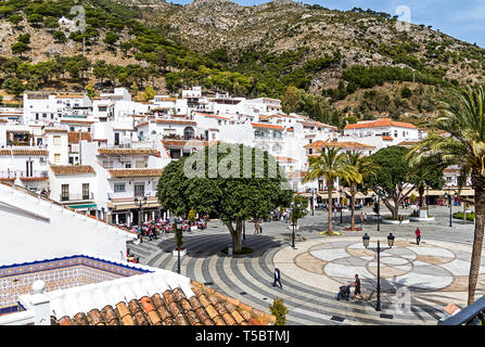 The Plaza Virgen de la Pena, the main square in Mijas Pueblo, the charming White Village of Costa del Sol, Andalucia, Spain. Stock Photo