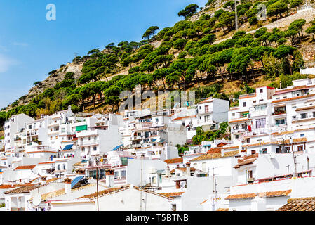 Mijas Pueblo, the charming White Village of Costa del Sol, Andalucia, Spain. Mijas is also famous for its burro taxis –  carriages pulled by domkeys. Stock Photo