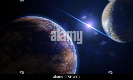 sunrise over lava planet, exoplanet lit by an alien sun (3d space ...