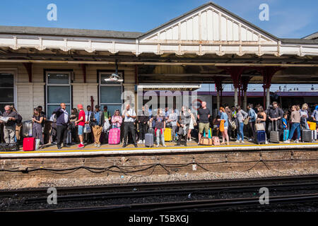 Virgin Train services starting & Terminating at Harrow & Wealdstone Station during Easter holiday shutdown of Euston Station causes overcrowding. Stock Photo